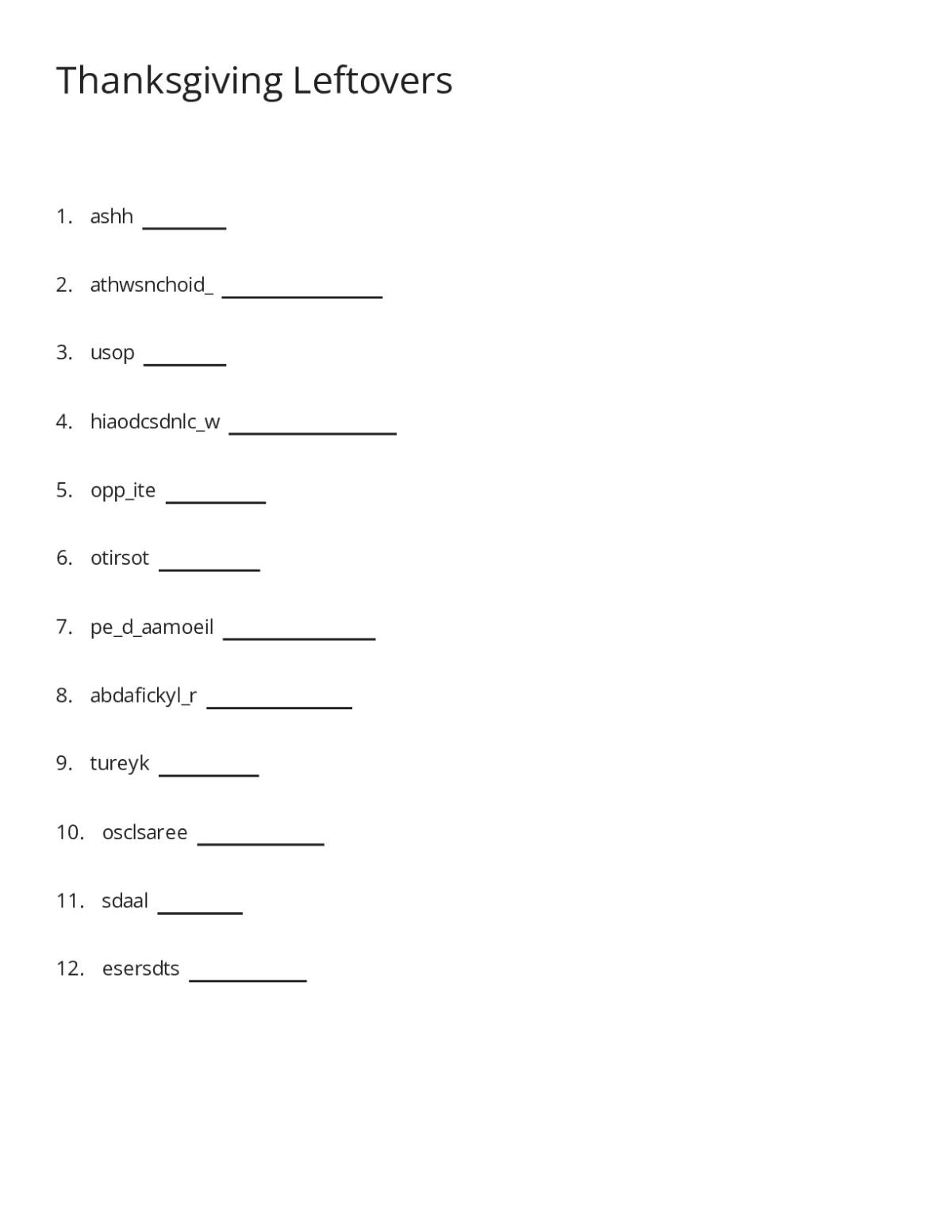 Thanksgiving word scramble worksheet with 12 food words, including turkey, casserole, pot pie, and soup.