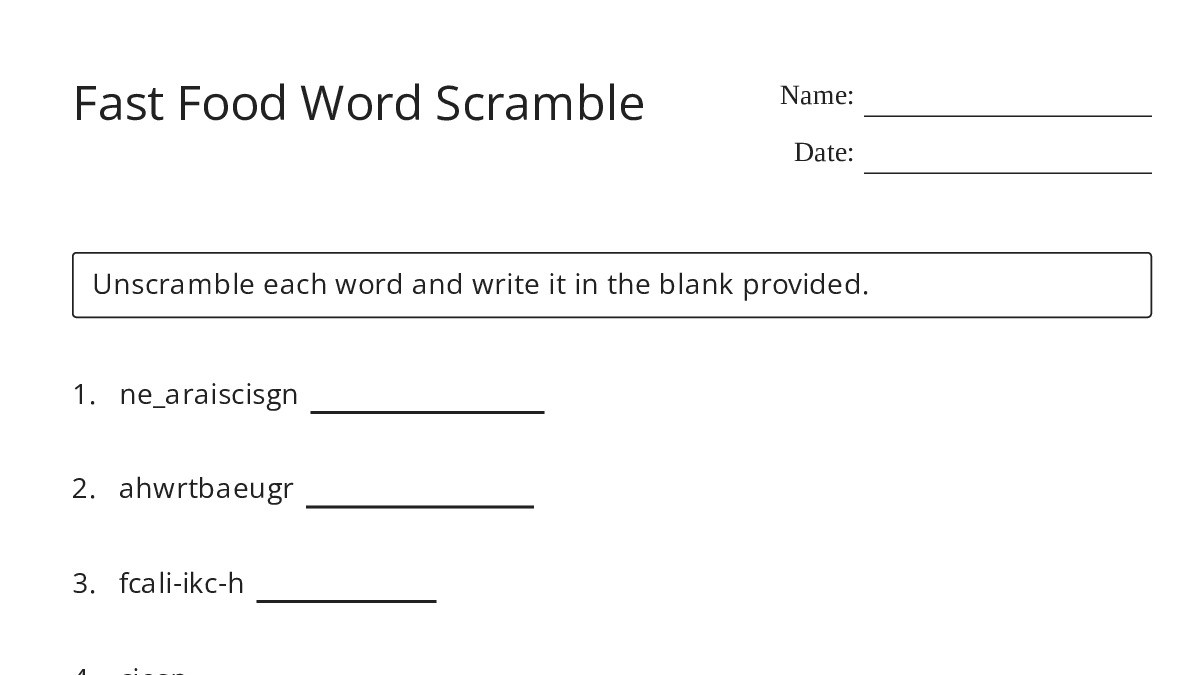 Fast Food Word Scramble - My Worksheet Maker: Create Your Own Worksheets