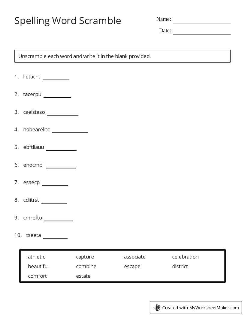 Spelling Word Scramble My Worksheet Maker Create Your Own Worksheets