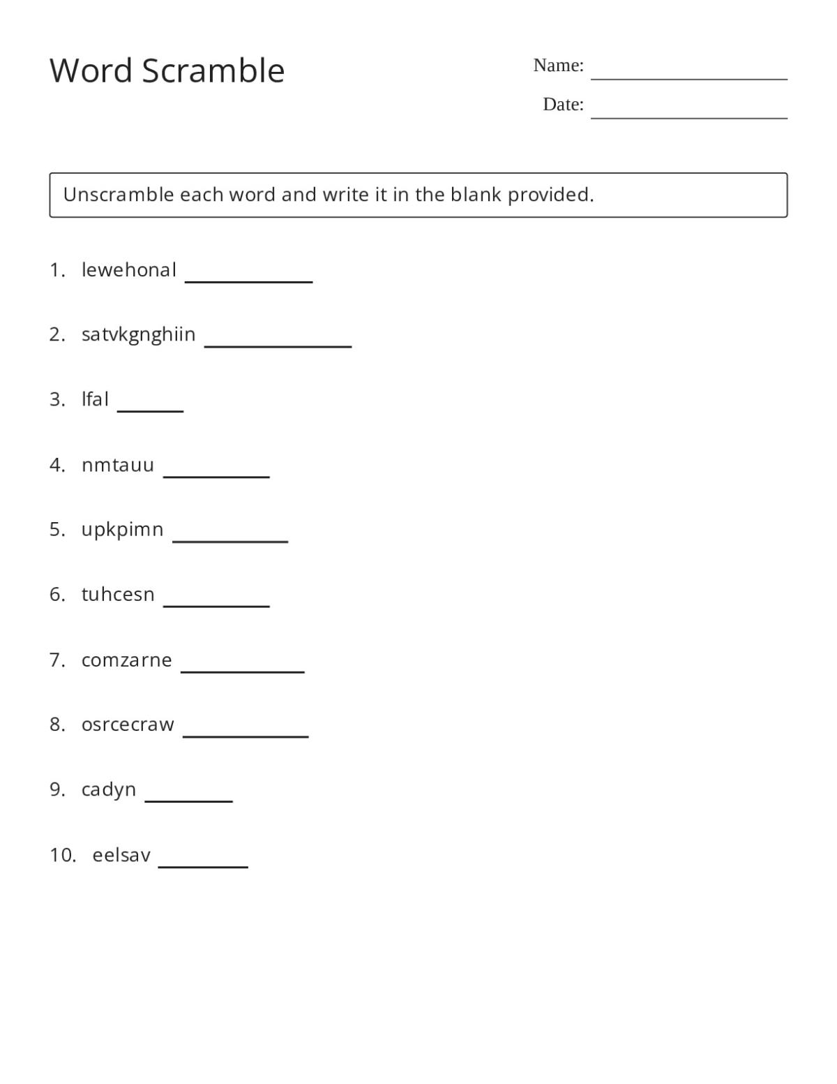 Fall word scramble worksheet for Grades 1–3 with autumn and Halloween vocabulary words to unscramble.