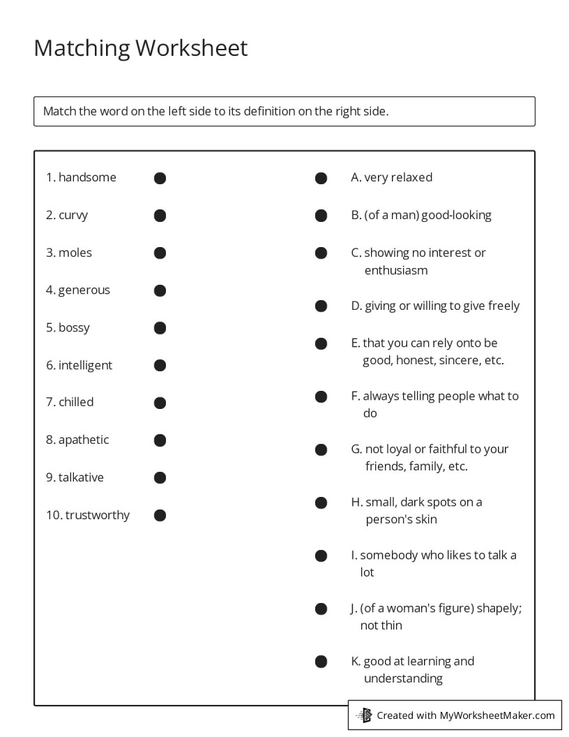 Matching Worksheet - My Worksheet Maker: Create Your Own Worksheets