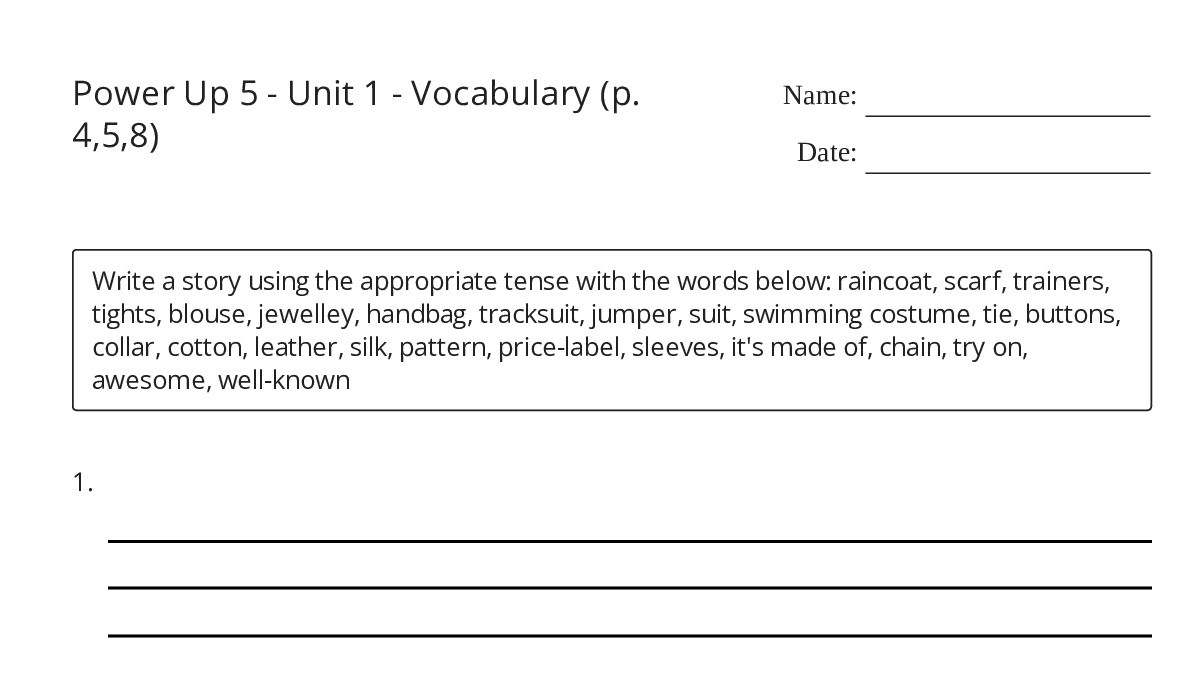 Power Up 5 - Unit 1 - Vocabulary (p. 4,5,8) - My Worksheet Maker ...