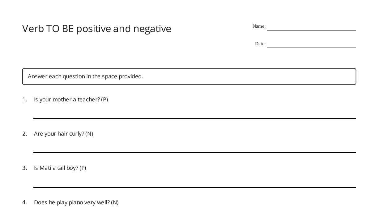 Verb TO BE positive and negative - My Worksheet Maker: Create Your Own ...