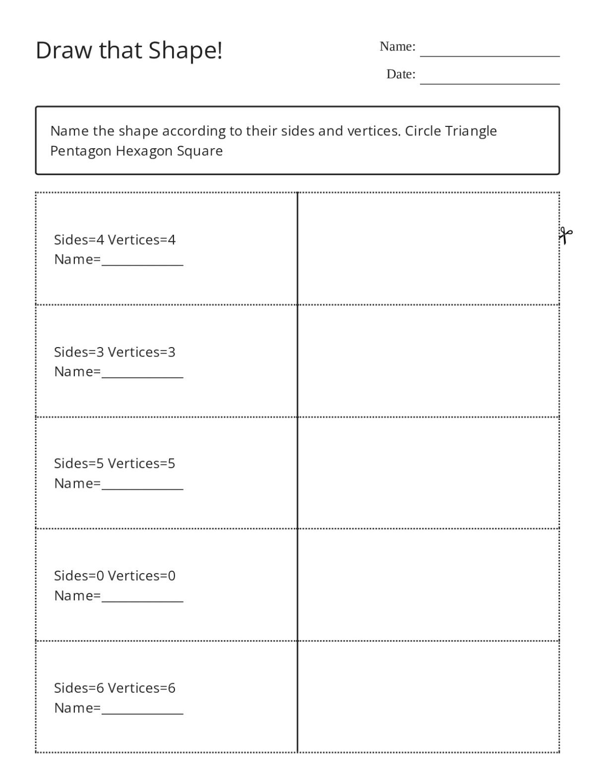 Flashcards with shape attributes—sides and vertices—for identifying triangles, quadrilaterals, pentagons, circles, and hexagons.