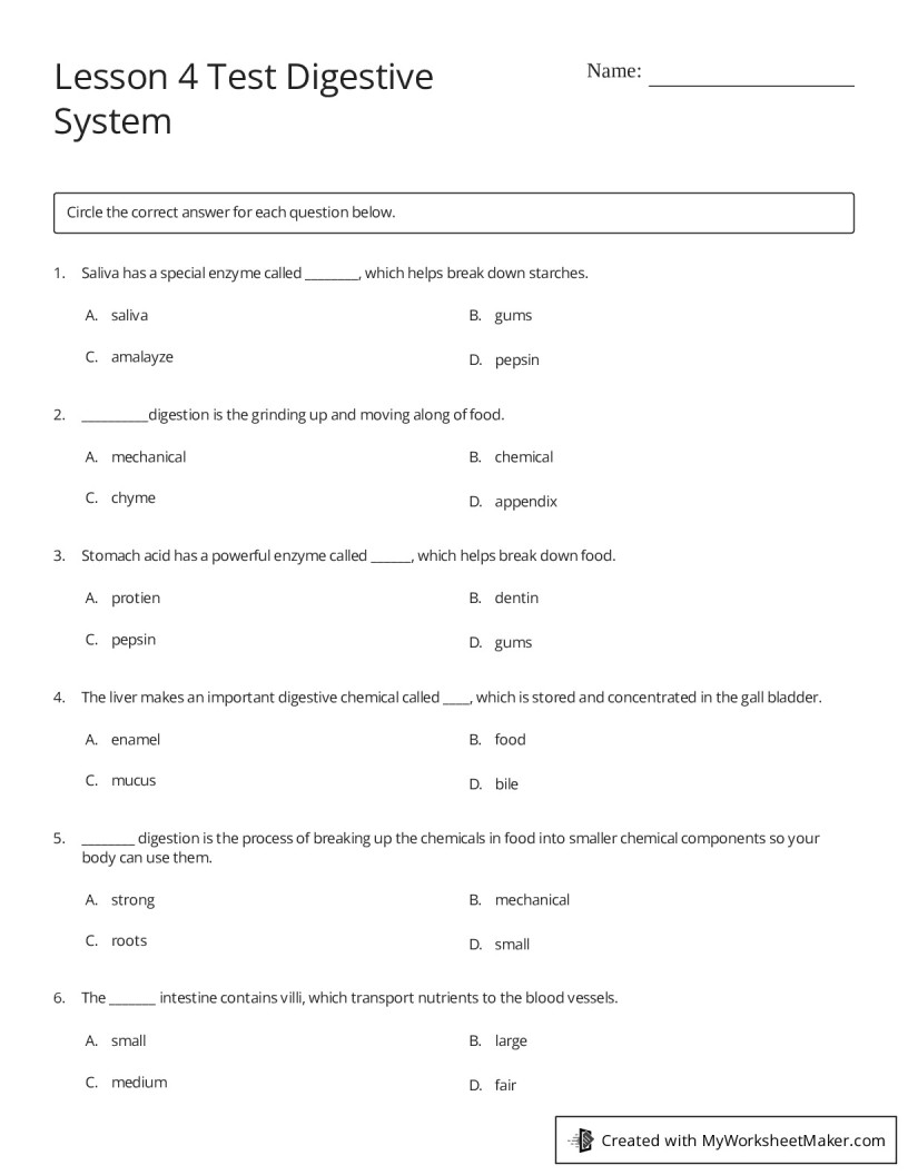 Lesson 4 Test Digestive System - My Worksheet Maker: Create Your Own ...