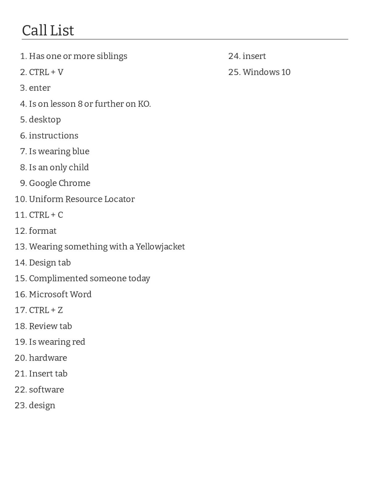 Bingo cards with computer vocabulary, keyboard shortcuts, and classroom icebreaker prompts.