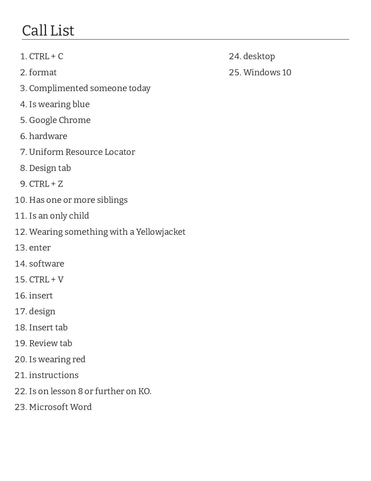 Technology vocabulary bingo cards with Microsoft Word shortcuts, browser basics, and icebreaker prompts.
