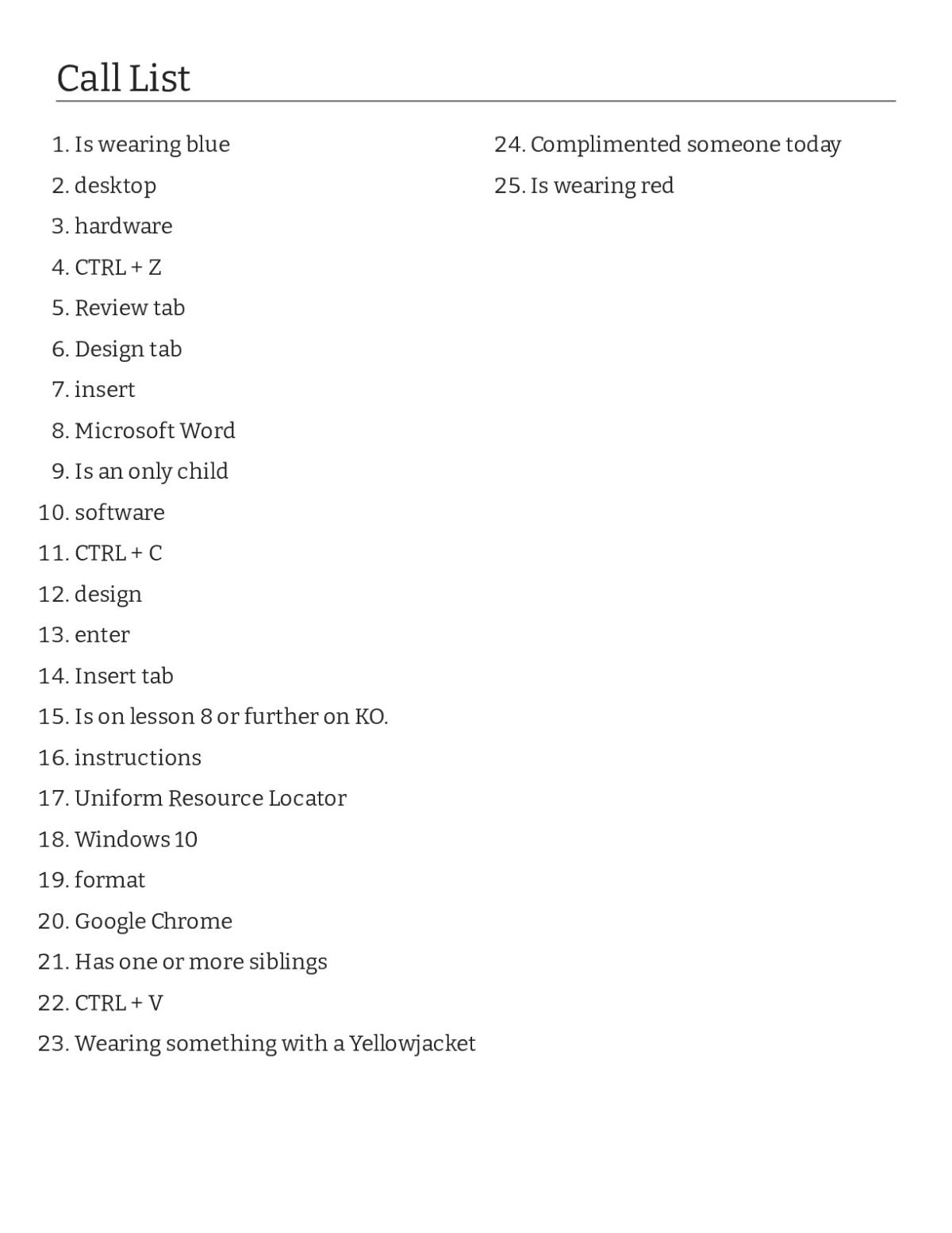 Computer basics bingo cards with technology vocabulary, keyboard shortcuts, and software terms.