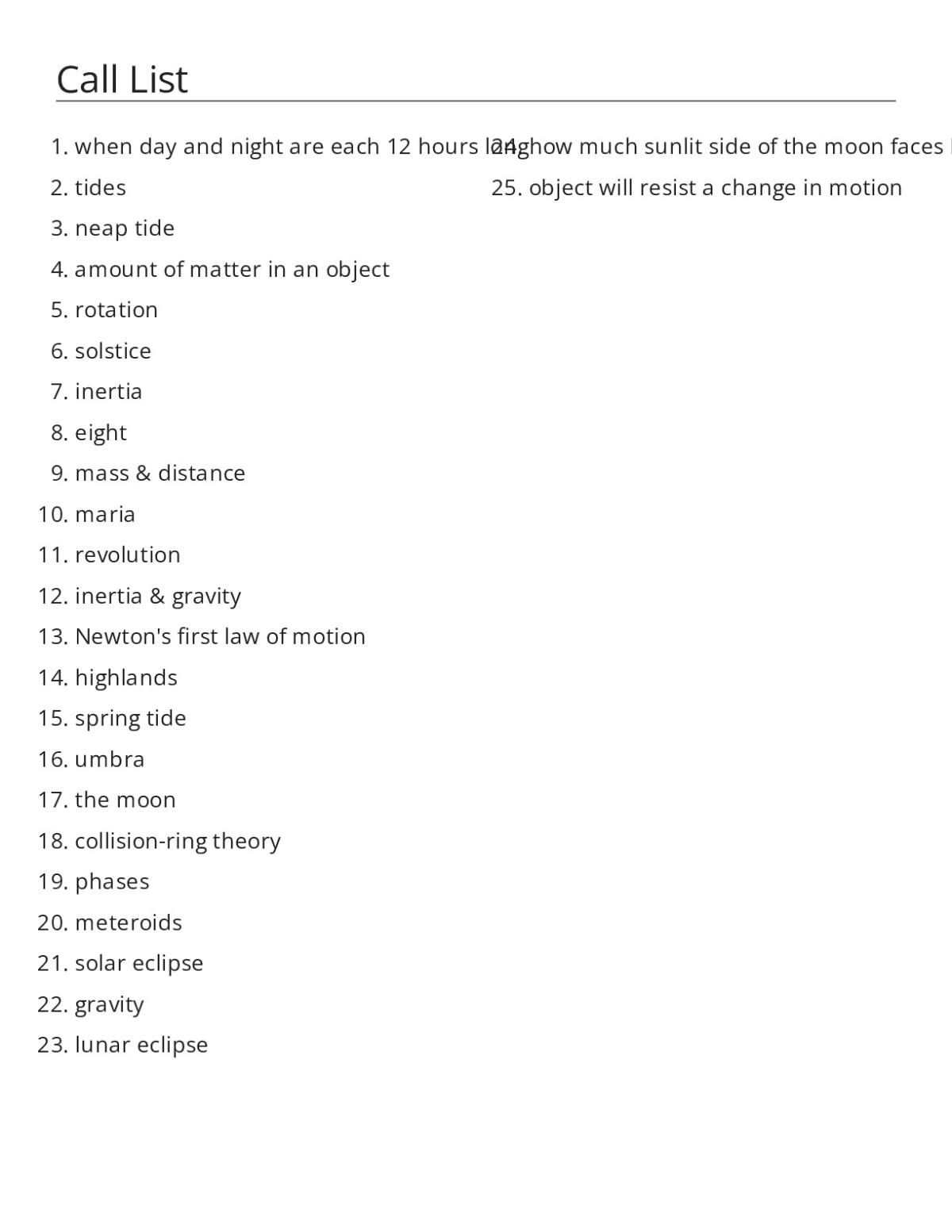 Astronomy bingo cards with moon phases, eclipses, gravity, and tides vocabulary.