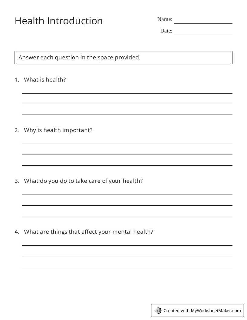 Health introduction my worksheet maker create your own worksheets