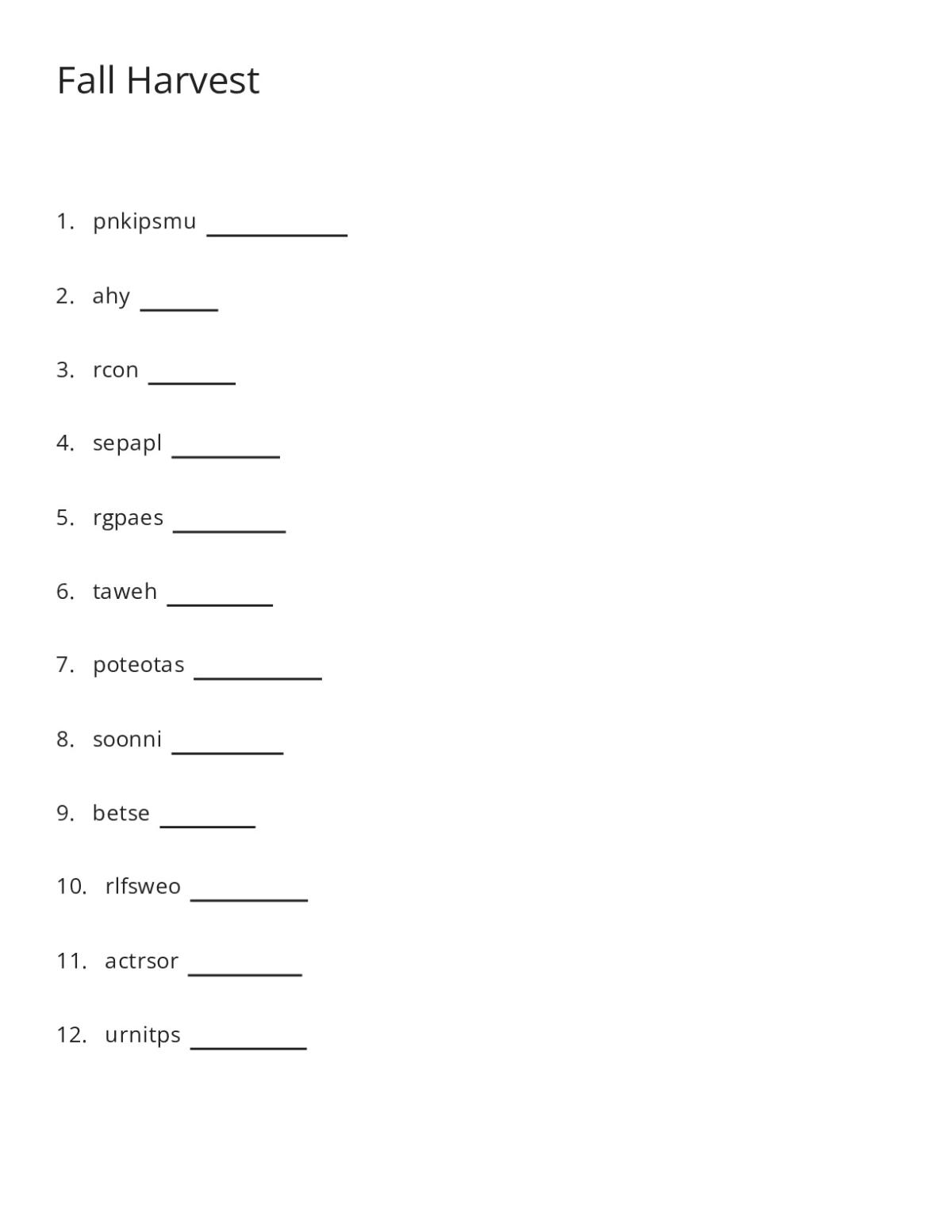 Printable word scramble worksheet with 12 fall harvest words: pumpkins, corn, apples, potatoes, carrots, and others.