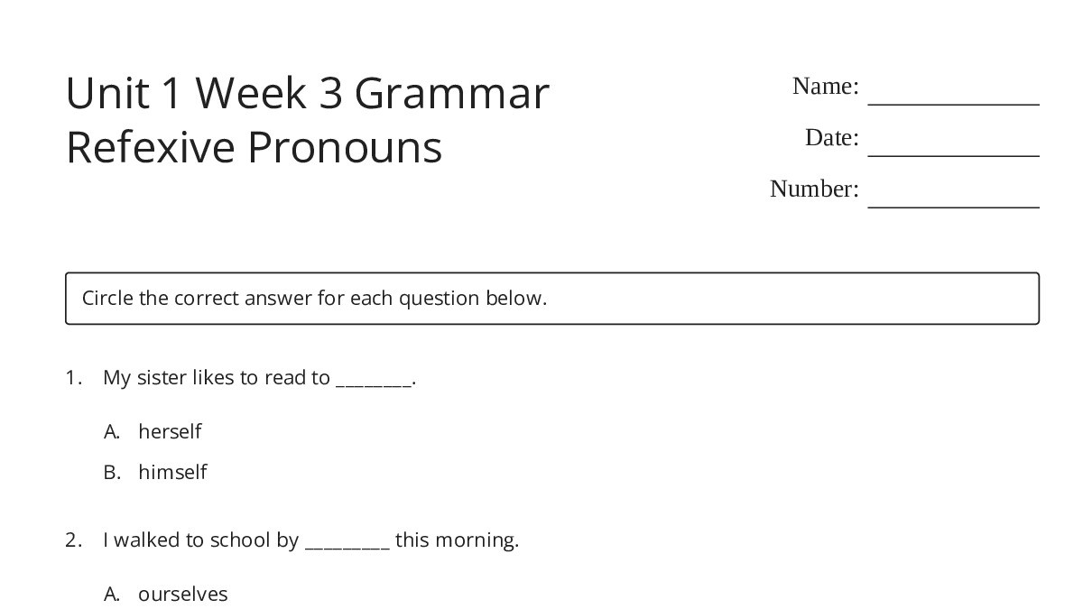 Unit 1 Week 3 Grammar Refexive Pronouns - My Worksheet Maker: Create ...