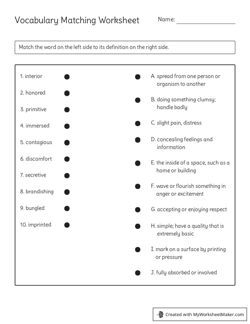 Vocabulary Matching Worksheet My Worksheet Maker Create Your Own Worksheets