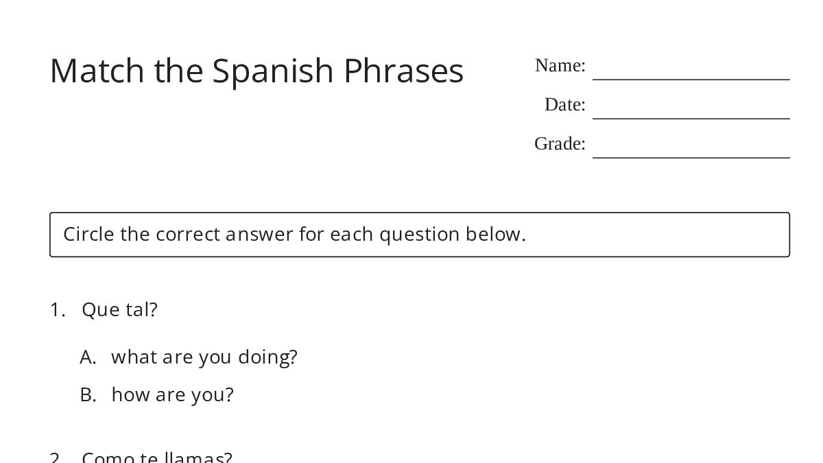 Match the Spanish Phrases - My Worksheet Maker: Create Your Own Worksheets