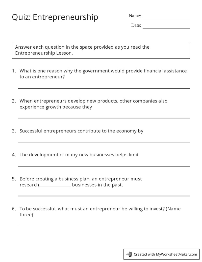 Quiz: Entrepreneurship - My Worksheet Maker: Create Your Own Worksheets