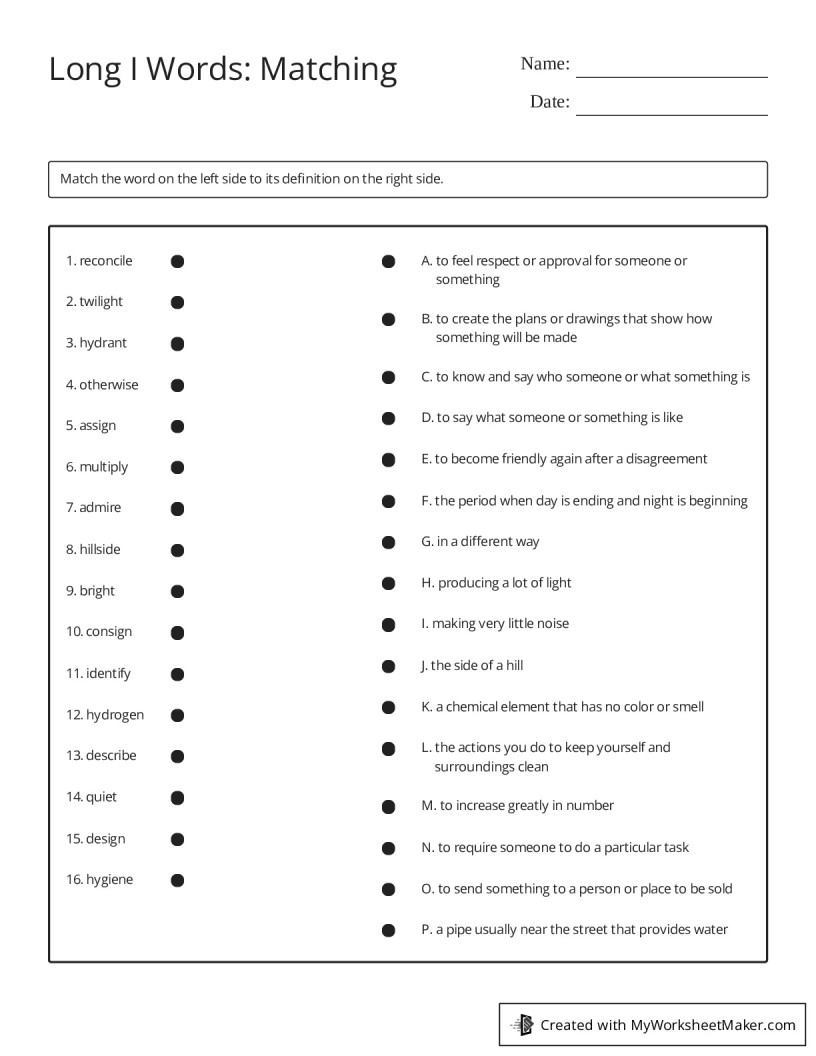 Long I Words: Matching - My Worksheet Maker: Create Your Own Worksheets
