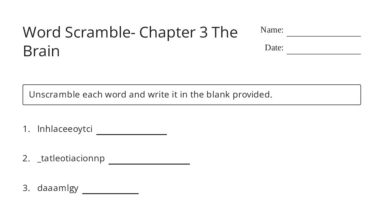 Word Scramble- Chapter 3 The Brain - My Worksheet Maker: Create Your ...