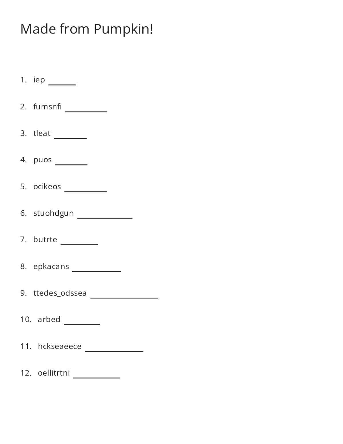 Printable word scramble worksheet with 12 pumpkin-themed foods like pie, muffins, and cookies for elementary students.