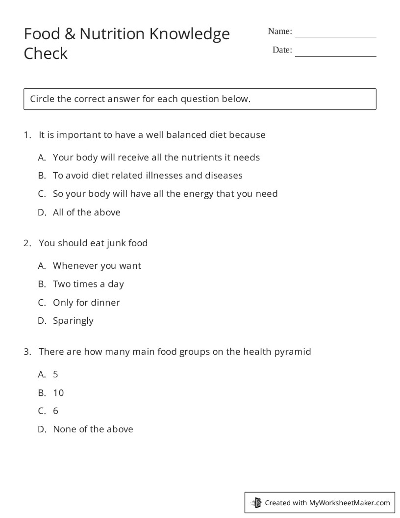 Food nutrition knowledge check my worksheet maker create your own
