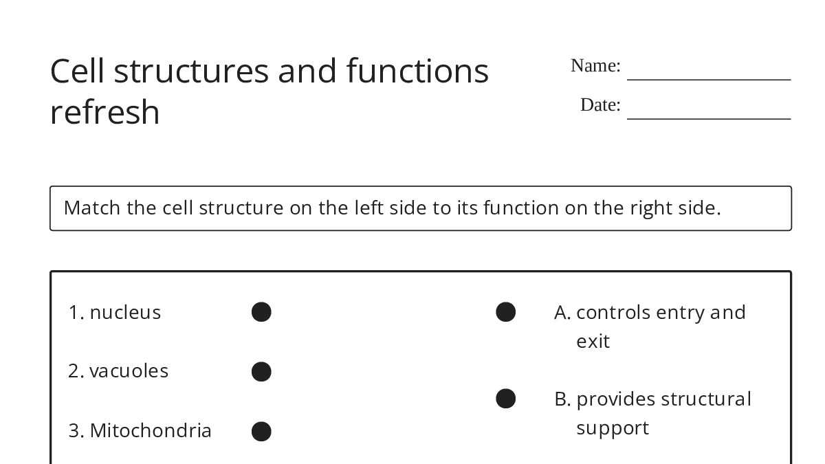 Cell structures and functions refresh - My Worksheet Maker: Create Your ...