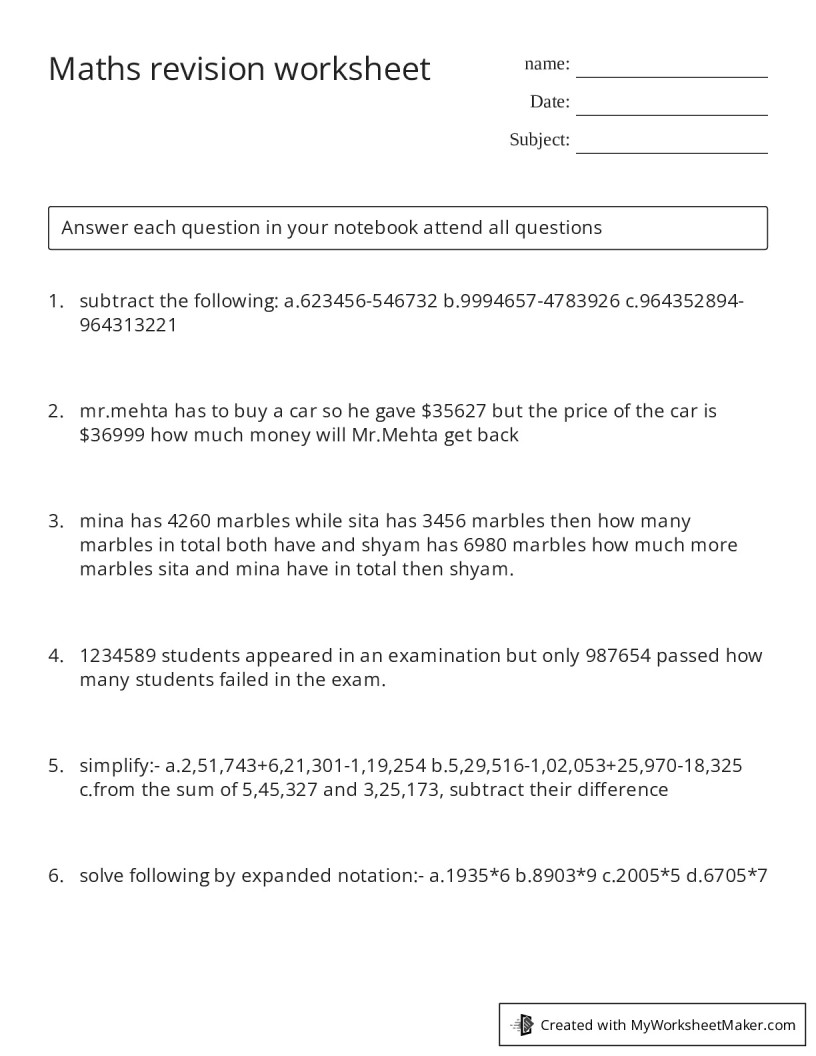 Maths revision worksheet - My Worksheet Maker: Create Your Own Worksheets