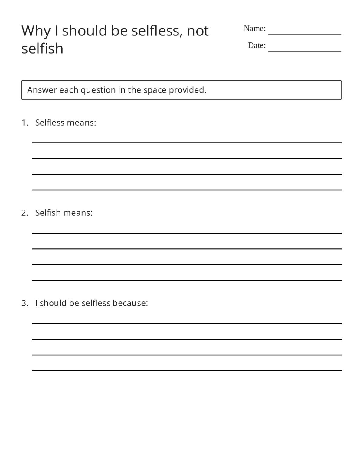 Social-emotional learning worksheet for Grades K–5 with fill-in-the-blank questions about selflessness versus selfishness.