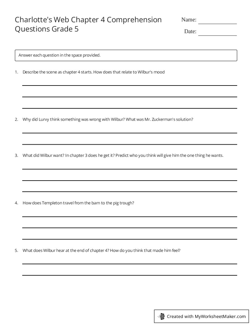 Charlotte's  Chapter 4 Comprehension Questions Grade 5 My