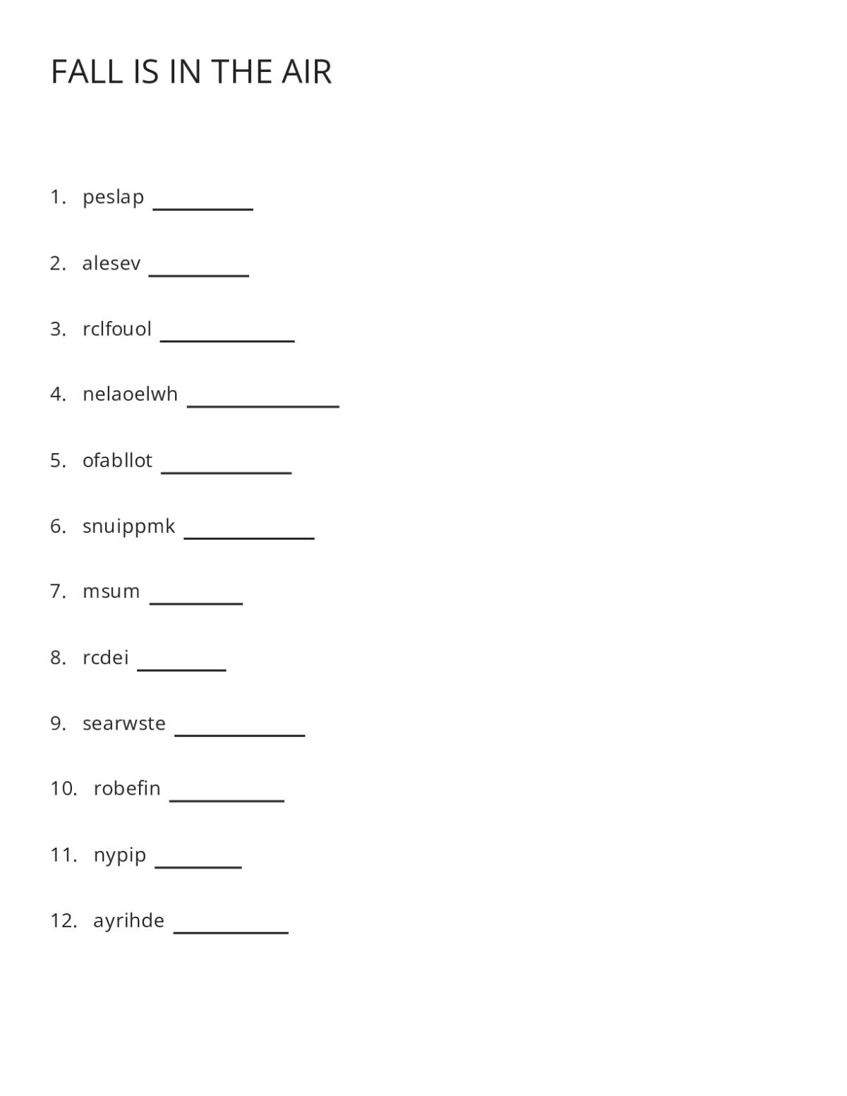 Printable fall word scramble worksheet with 12 autumn vocabulary words including pumpkins, leaves, and halloween.