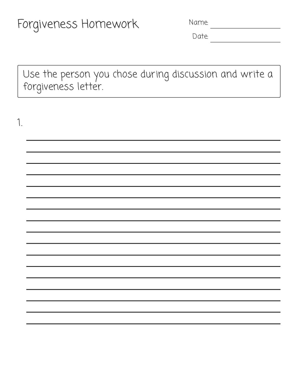 Social-emotional learning worksheet where students write a forgiveness letter to a person they chose during class discussion.