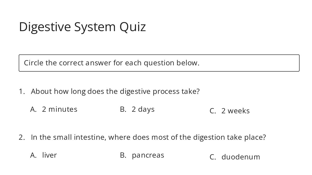 Digestive System Quiz - My Worksheet Maker: Create Your Own Worksheets