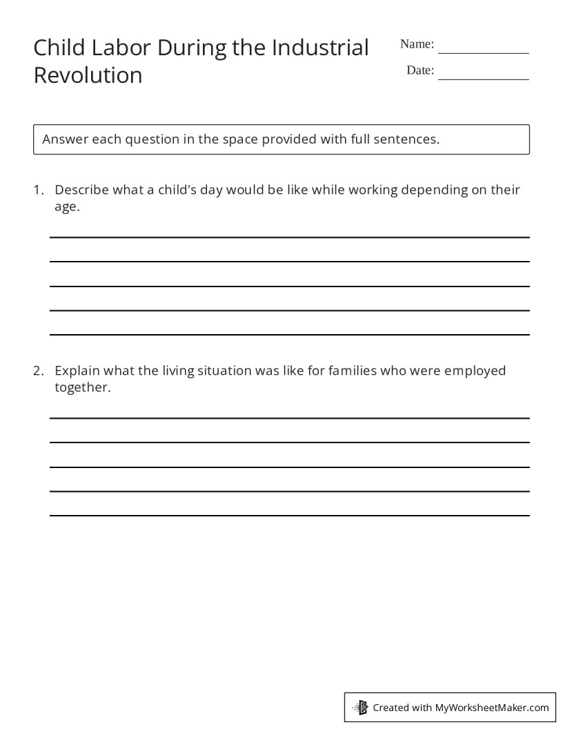 Child Labor During the Industrial Revolution My Worksheet Maker