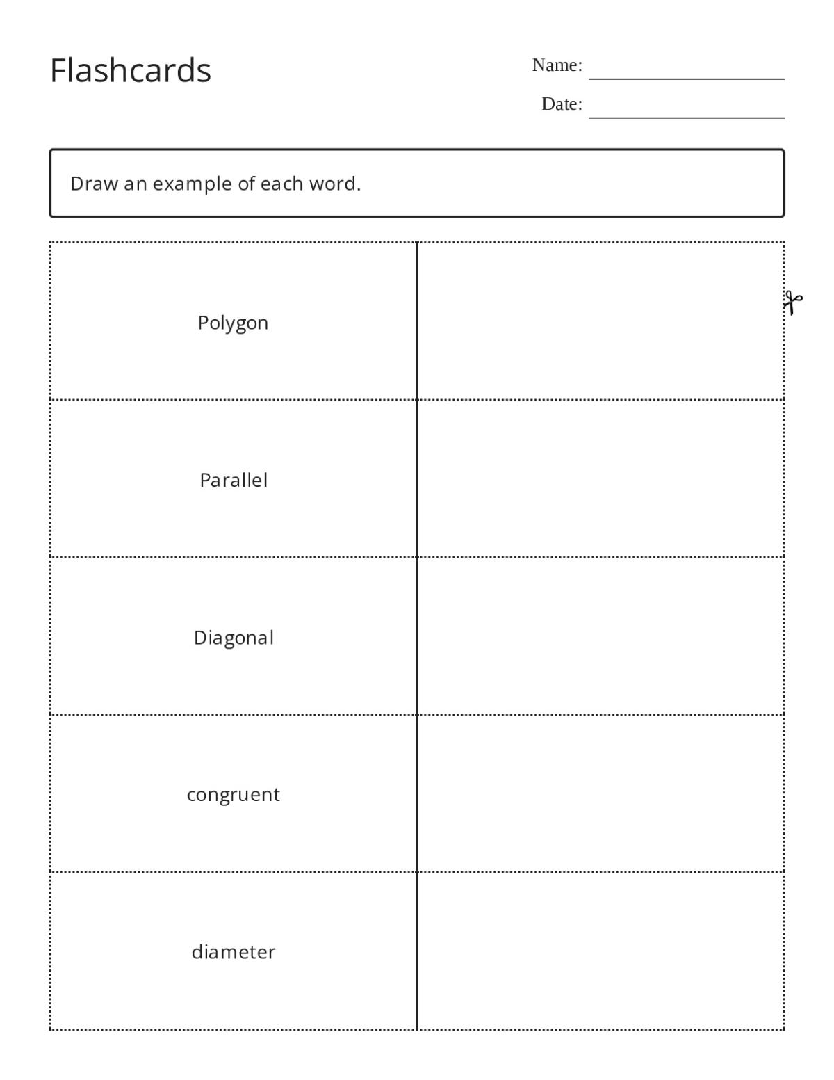 Geometry vocabulary flashcards with polygon, parallel, diagonal, octagon, and pentagon for Grade 4.