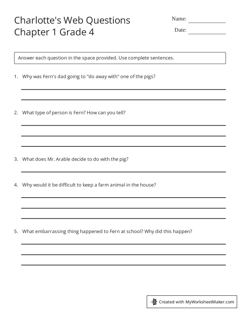 Charlotte's  Questions Chapter 1 Grade 4 My Worksheet Maker