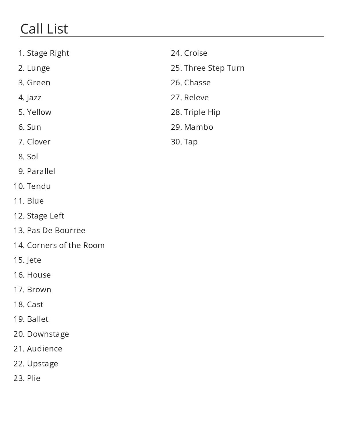 Dance vocabulary bingo cards with ballet, jazz, tap terms, and stage directions.