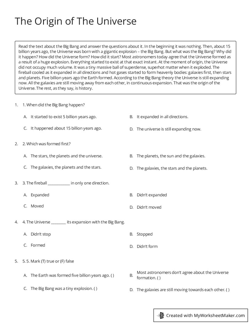 The Origin of The Universe My Worksheet Maker Create Your Own Worksheets