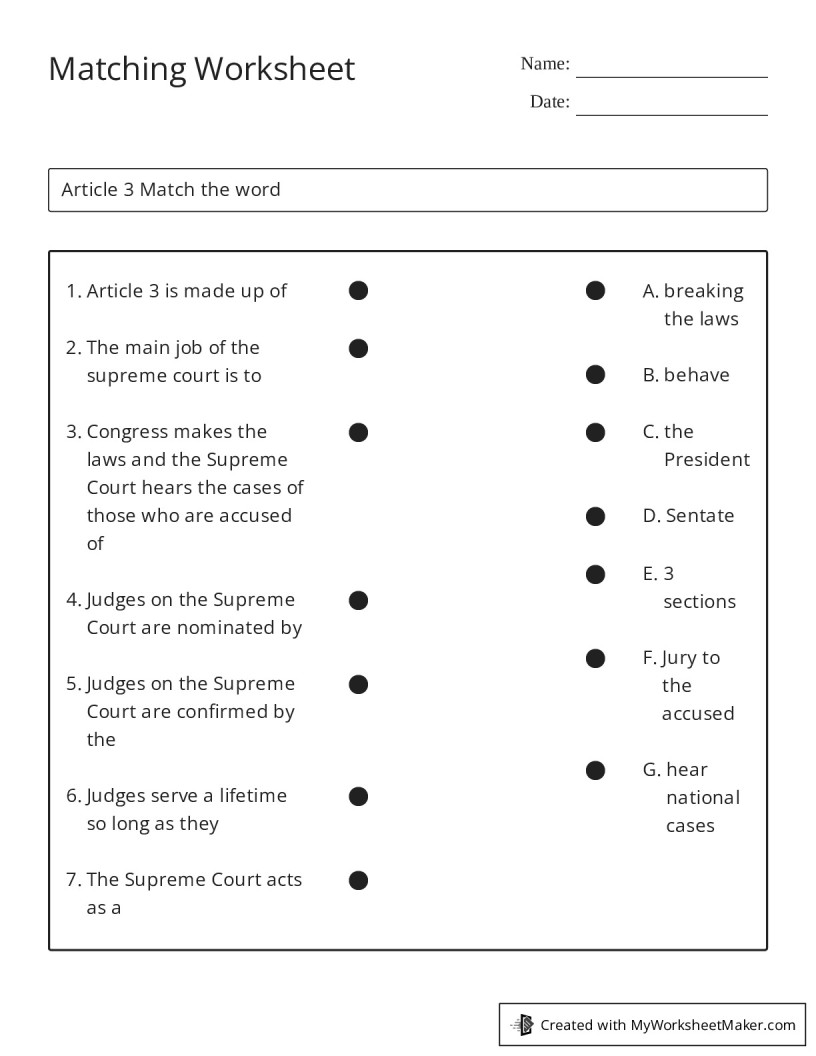 Matching Worksheet - My Worksheet Maker: Create Your Own Worksheets