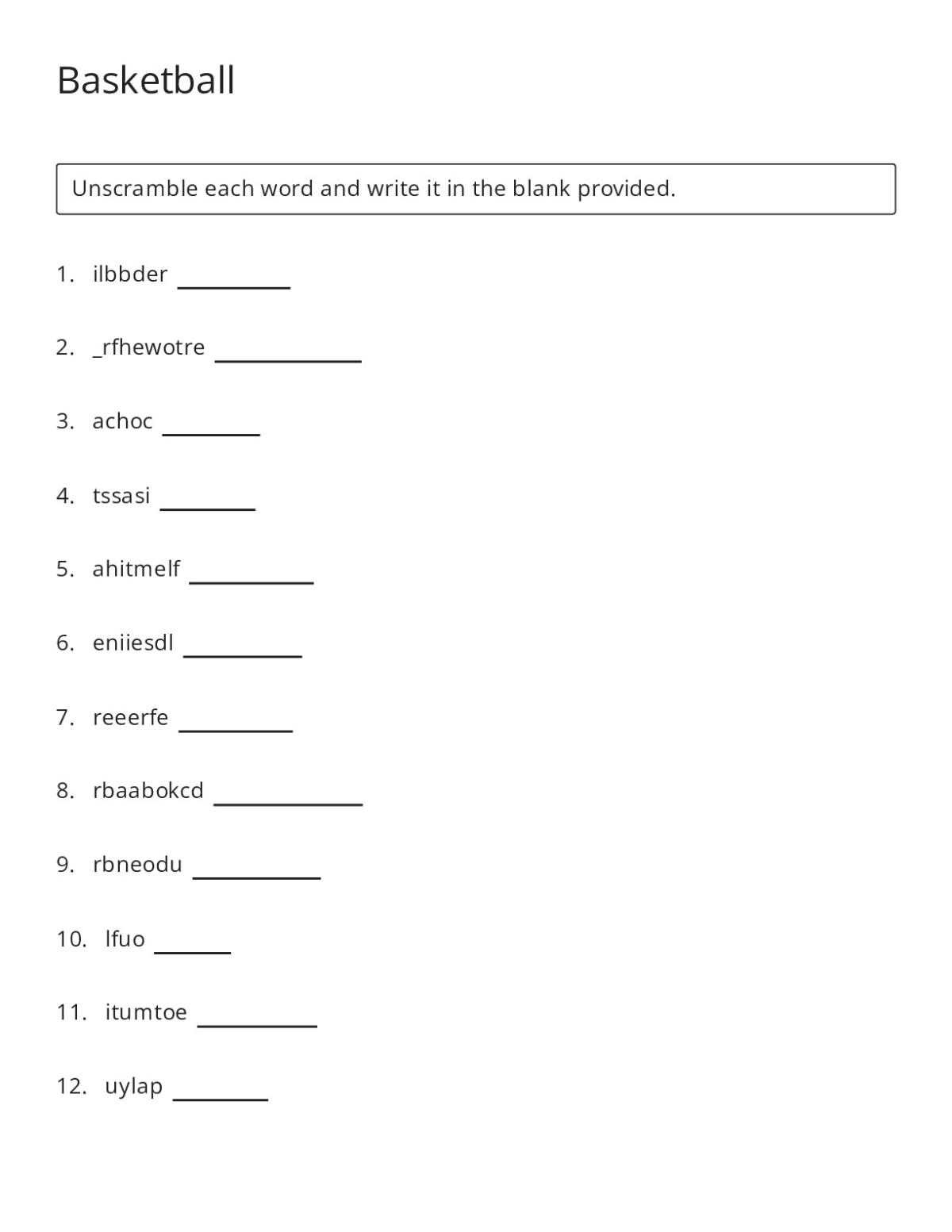 Basketball vocabulary word scramble with 14 terms like dribble, assist, layup, and rebound.