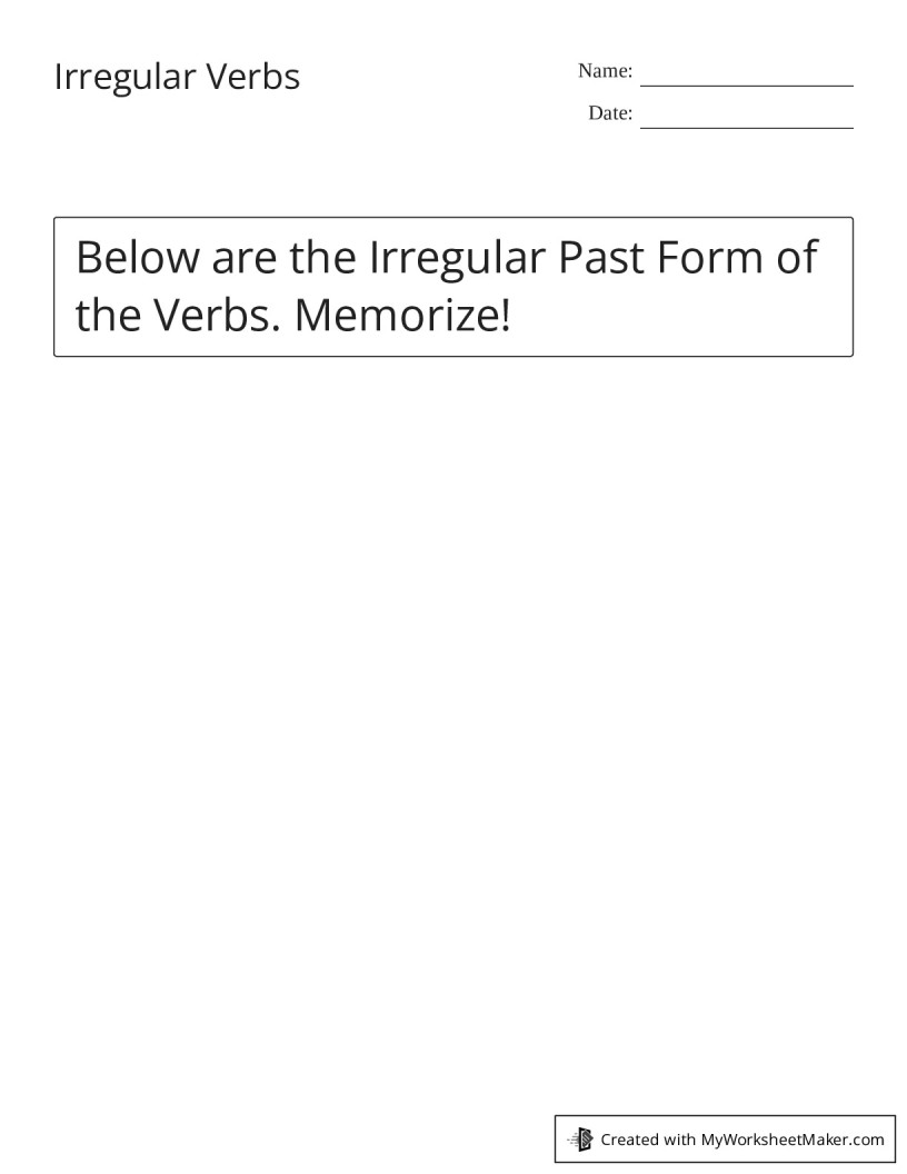 Printable Irregular Verbs Worksheets