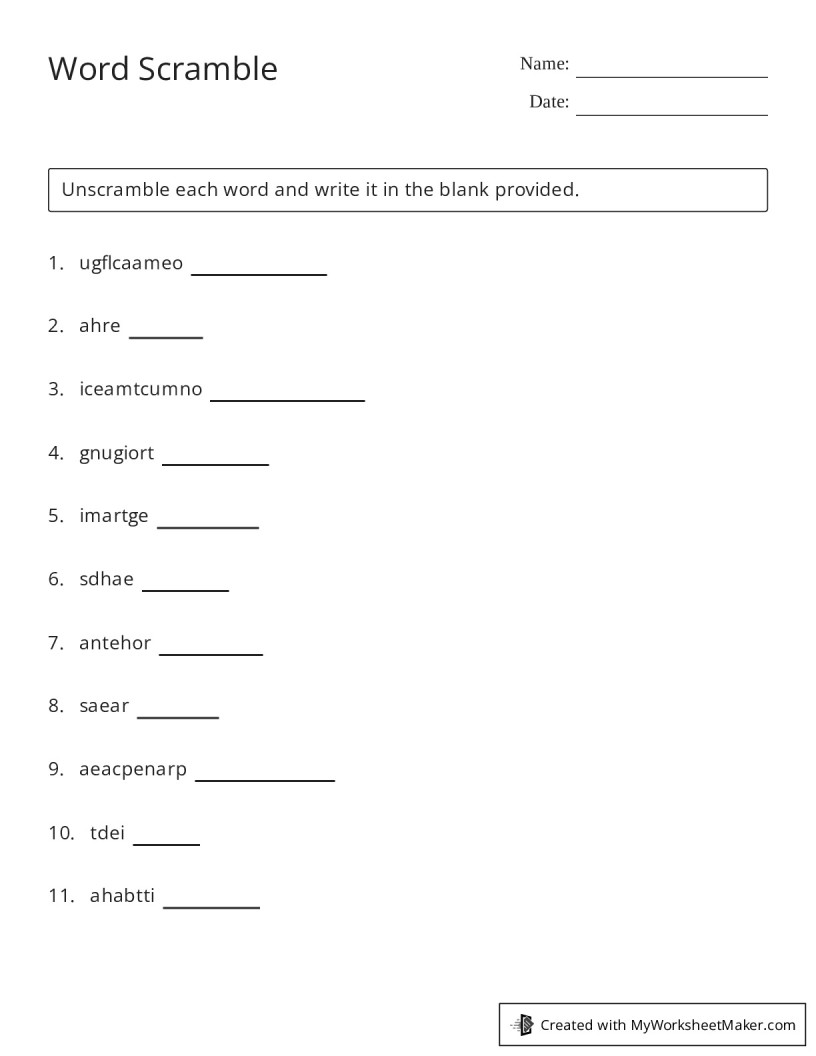 Word Scramble - My Worksheet Maker: Create Your Own Worksheets