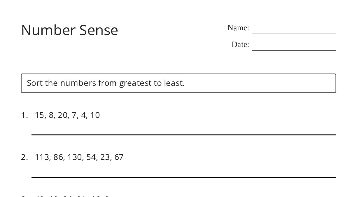 Number Sense - My Worksheet Maker: Create Your Own Worksheets