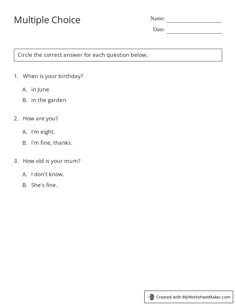 Multiple Choice - My Worksheet Maker: Create Your Own Worksheets