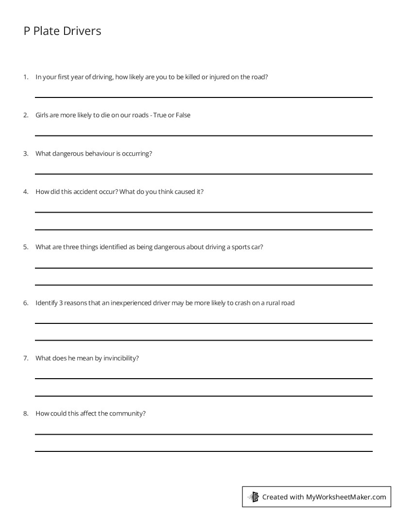 P Plate Drivers - My Worksheet Maker: Create Your Own Worksheets