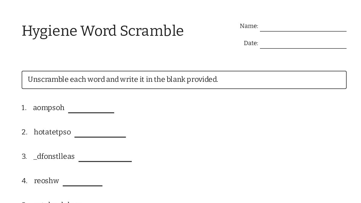 Hygiene Word Scramble - My Worksheet Maker: Create Your Own Worksheets