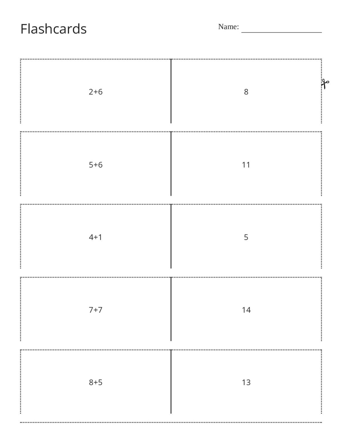 Addition flashcards for Grade 1 with problems like 2+6, 5+6, 7+7, and 8+5.