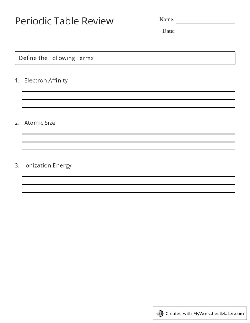 Periodic Table Review My Worksheet Maker Create Your Own Worksheets