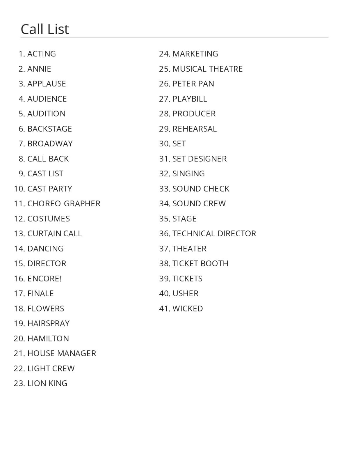 Musical theatre bingo cards featuring Broadway shows, stage roles, and production vocabulary.