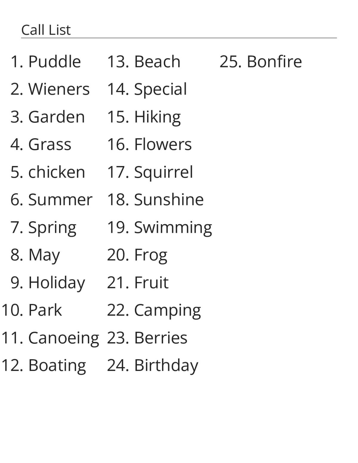 Spring bingo cards with seasonal vocabulary including flowers, camping, and outdoor activities.