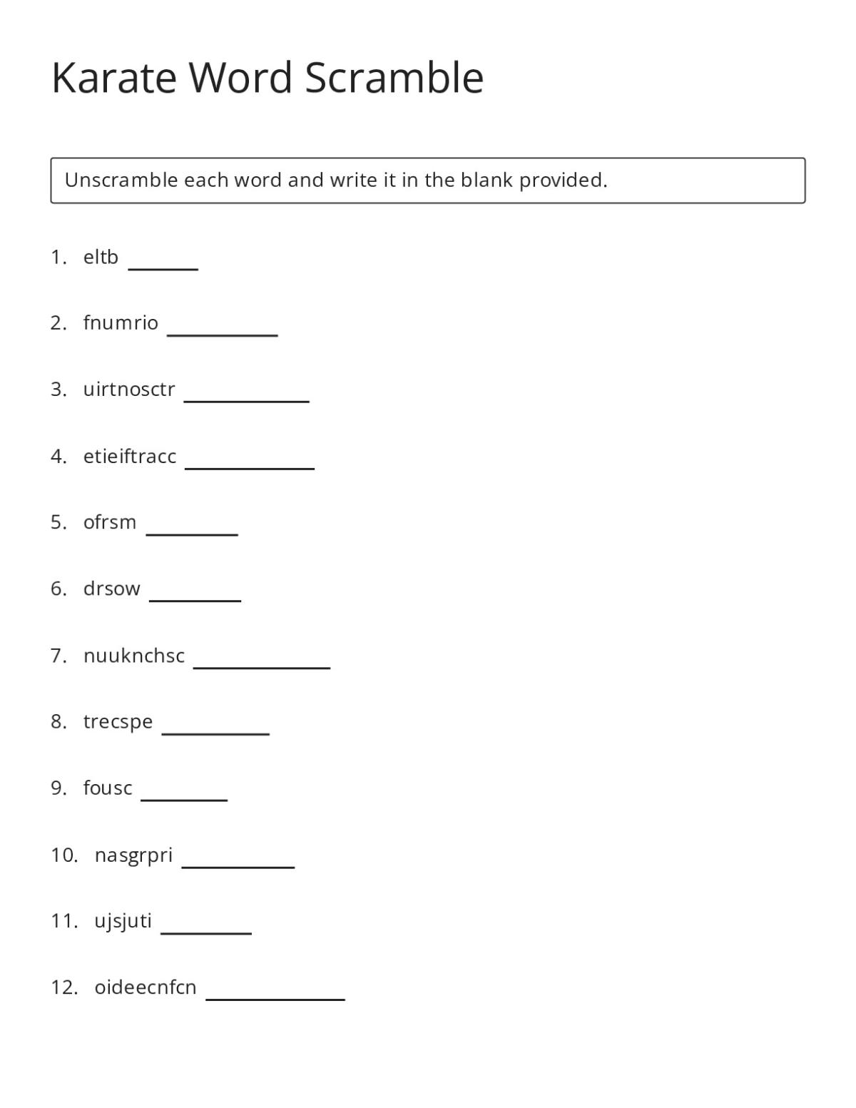 Kindergarten word scramble worksheet with 13 karate vocabulary words including belt, uniform, and nunchucks to unscramble.