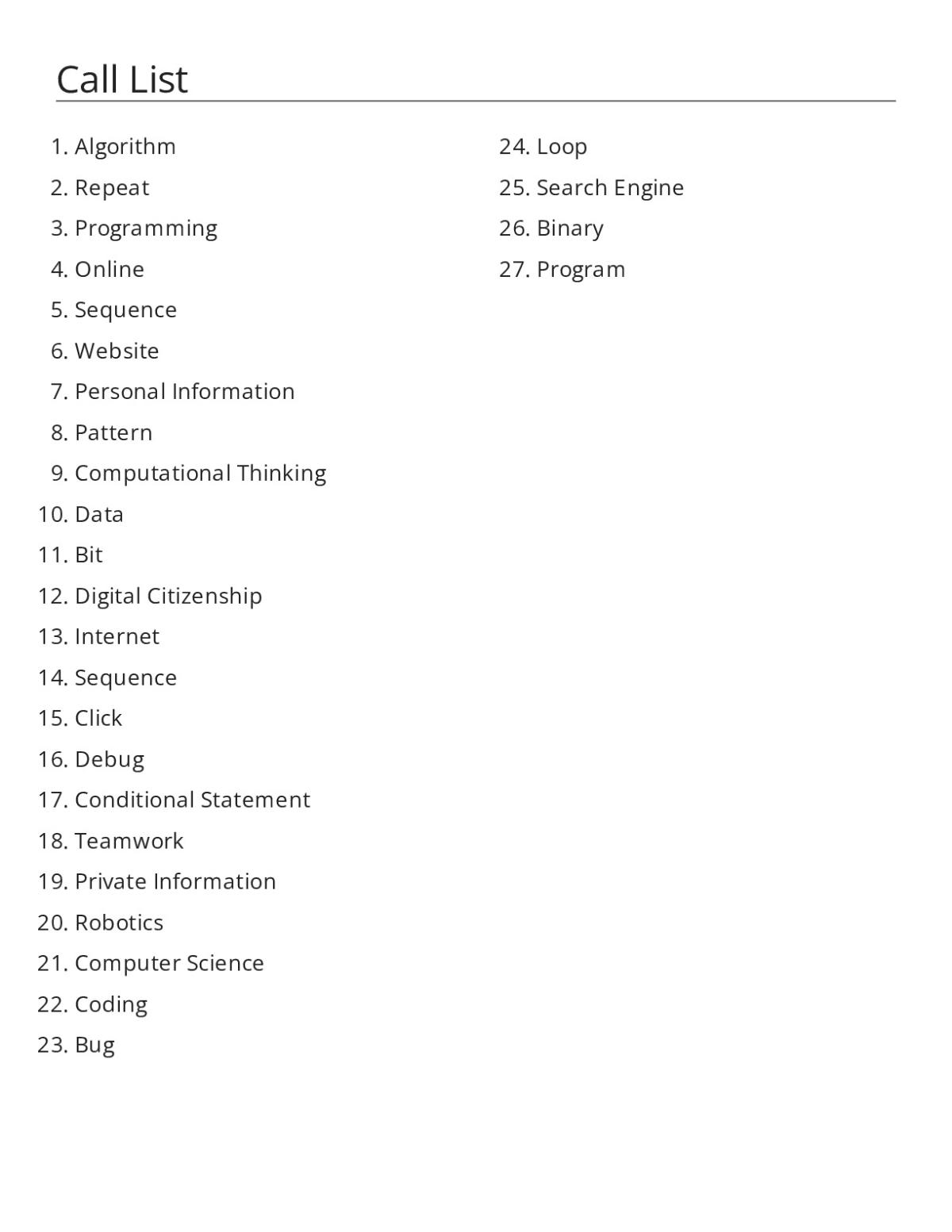 Coding bingo cards with computer science vocabulary like algorithm, debug, loop, and robotics.