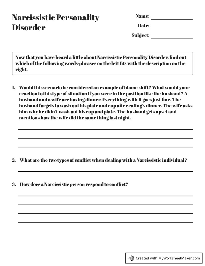 Narcissistic Personality Disorder - My Worksheet Maker: Create Your Own ...